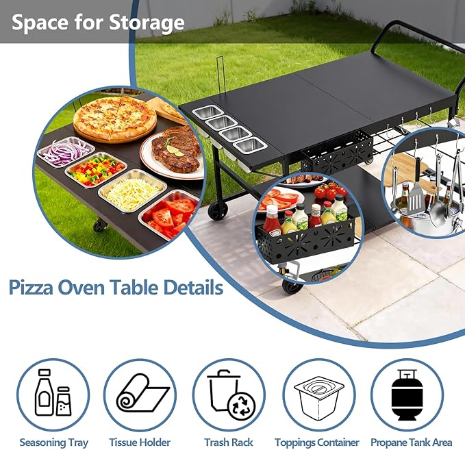 Pizza Oven Stand Table with Propane Storage, Outdoor Grill Carts with Wheels, Use for Outdoor Cooking BBQ, Fits Blackstone Griddle, Metal Black Large Size 47 * 27.5 Inch.