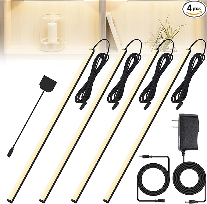 JUSJUBR Black LED Shelf Lights, Display Cabinet Lights with Memory Function, 4 Pack x12 Inch Display Lights for Shelves, LED Lights for Display Cases/Pantry/Closet, Natural White 4000K