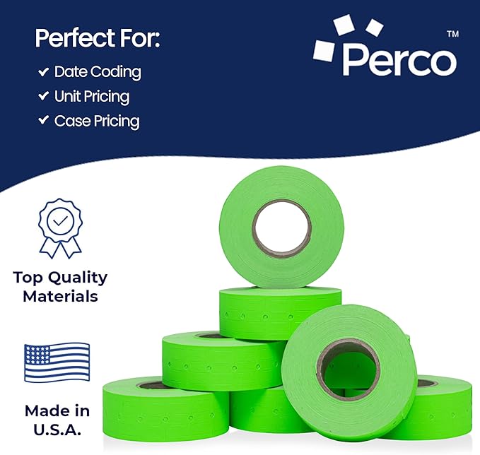 Perco 1 Line Fluorescent Green Labels - 32 Rolls, 4 Sleeves, 32,000 Blank Price and Date Gun Labels for Perco Lite, X, Plus and Pro 1 Line Price and Date Guns - Made in USA