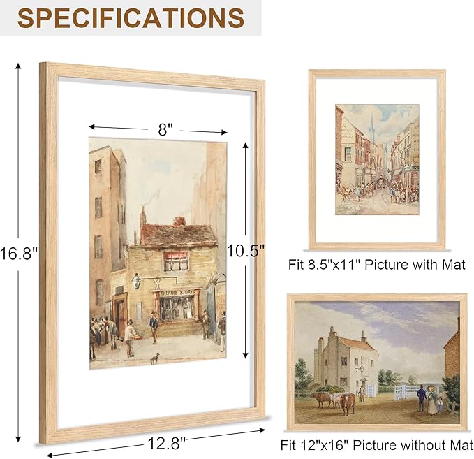 Vittanly 12x16 Picture Frame, Solid Wood Frame with Plexiglass, Includes 8.5x11 Mat, Wall Hanging for Home Decor, Natural, 1 Pack