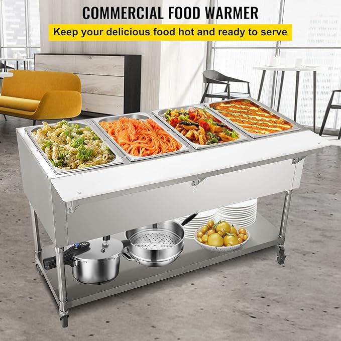 VEVOR Commercial Electric Food Warmer, 4-Pot Steam Table Food Warmer 0-100℃ w/ 2 Lockable Wheels, Professional Stainless Steel Material for Catering and Restaurants