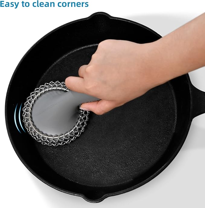 SUBEKYU Cast Iron Scrubber with Silicone Handle, Stainless Steel Cast Iron Skillet Cleaner Chainmail Scrubber for Pans, Grey