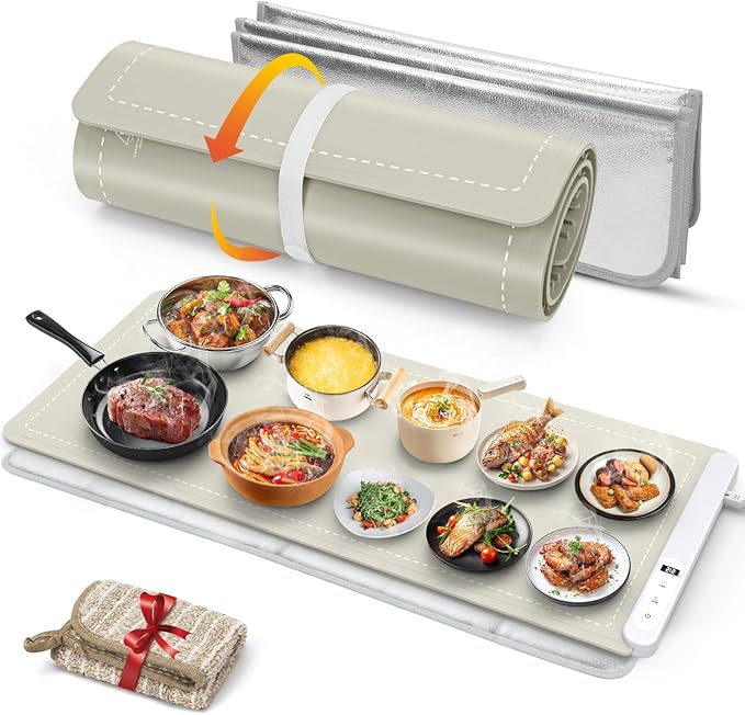FYY Extra Large Warming Mat for Food with Heat Resistant Pad, Prevent Countertop Cracks, Keep Meal Warm, Rapid and Full Surface Heating, 6 Temp Settings, 6H Timer, Rollable Portable Food Warmer Khaki