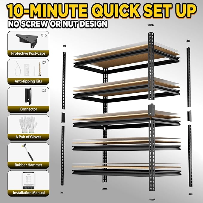 5-Tier Heavy-Duty Shelving 2500LBS Capacity Per Unit Adjustable Metal Garage Storage Rack 40”W X 19.7”D X 71”H Metal Shelving Storage Rack Includes Matte Polypropylene Spacers (Black) 2 Pack
