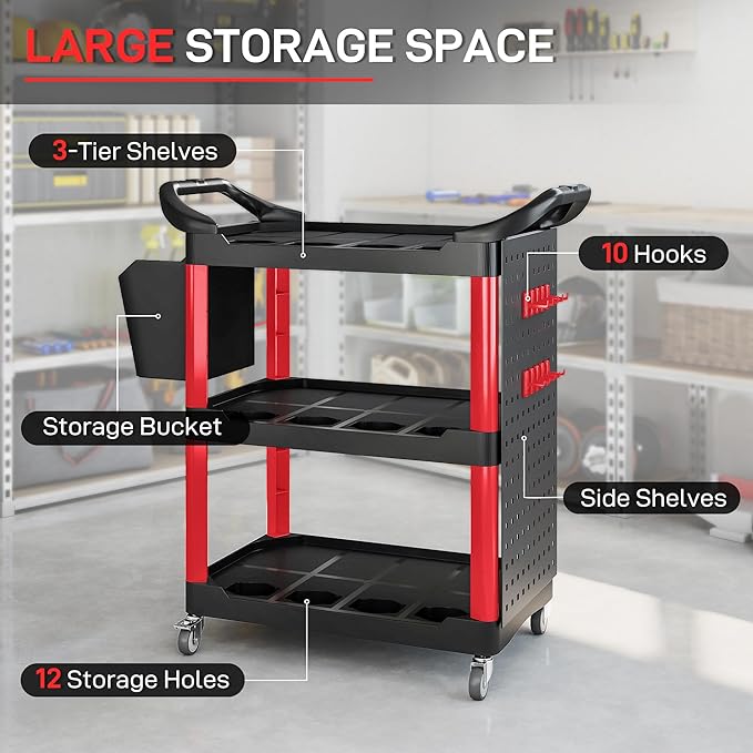 HOMCOM 3 Tier Utility Cart on Wheels, Rolling Tool Storage with Pegboards and Bucket, 200 LBS Load Capacity Plastic Service Cart for Garage, Warehouse, Workshop, Black and Red