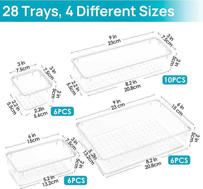 Vtopmart 28 Pack Clear Drawer Organizer Bins, 4 Sizes Storage Trays | Clear - Image 6