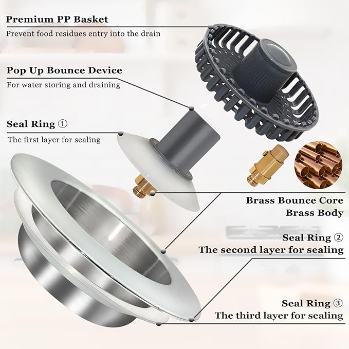 3 in 1 Kitchen Sink Stopper, Pop Up Kitchen Sink Drain Strainer, with an Extra Basket Strainer, Kitchen Sink Drain Stopper for US Standard 3-1/2 Inch, Brass Material Electroplate Silver