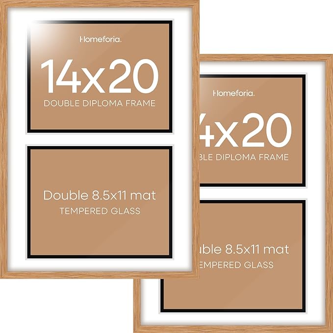 Homeforia 14x20 Double Diploma Frame Wood, High End Natural Oak 14 x 20 Wooden Certificate Frame with Dual Mat for 8.5 by 11 Diplomas, 20x14 Award Graduation Frames, Tempered Glass, Wall Kit, Set of 2