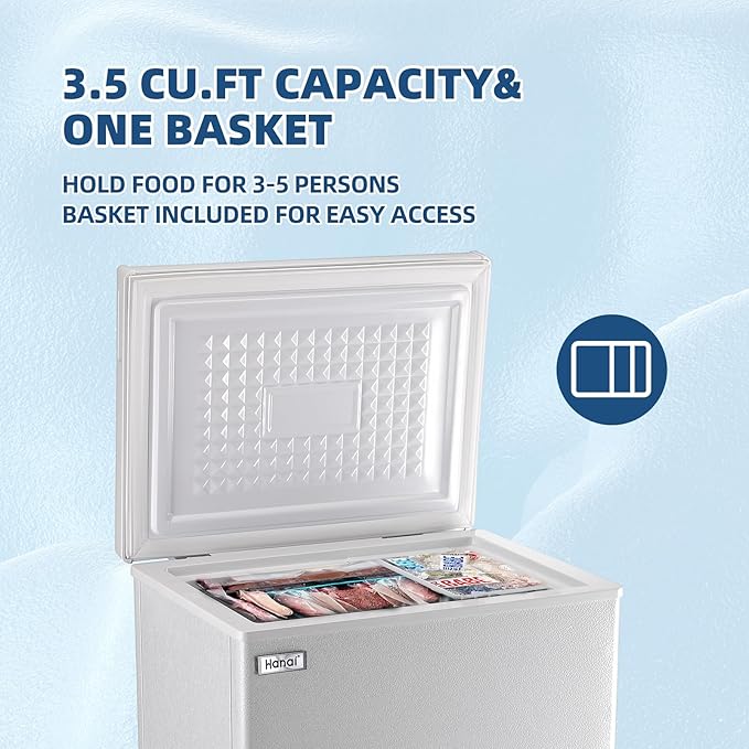 Chest Freezer 3.5 Cu.Ft Small Deep Freezer Top Door Mini Freezer with Removable Basket, Low Noise, 7 Adjustable Temperature and Energy Saving Perfect for Home Garage Basement Dorm or Apartment White