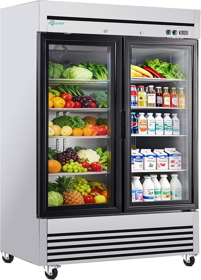54" Commercial Glass Door Refrigerator, 49 Cu.Ft Double-Door Reach-In Cooler, 33–40℉, Double-Layer Low-E Glass, 8 Shelves, R290