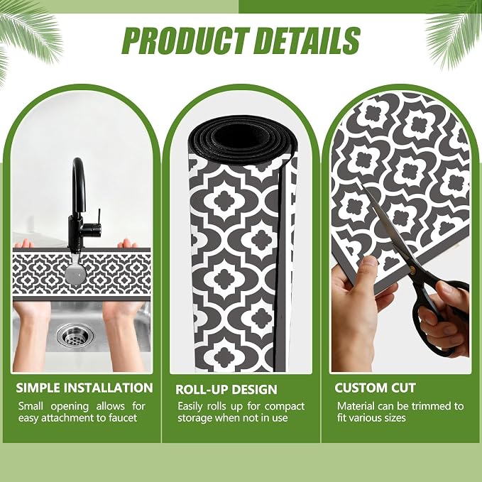 3 Pcs 2 Size Kitchen Sink Splash Guard Faucet Mat Simple Gray Plaid Pattern - Image 3