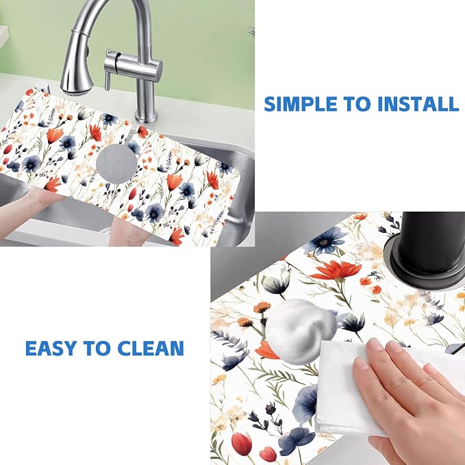 Watercolor Red and Blue Flowers Sink Faucet Absorbing Mat Sink Splash Guard - Image 5
