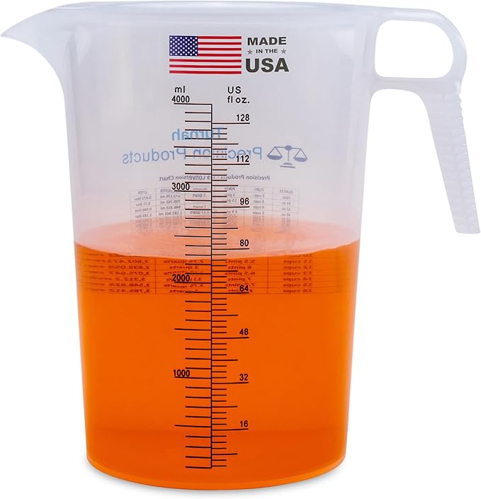 One Gallon 128oz Measure Pitcher - Convenient Conversion Chart - Strong Food Grade - Great for Lawn, Chemicals Pool, Ag, Lye, Home Hobbies, Motor Oil, Fluids - Turnah Precision Products, Made in USA