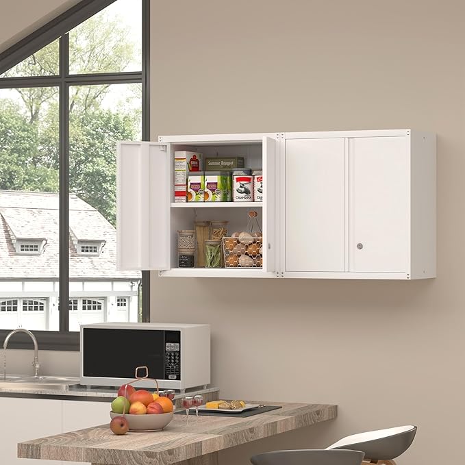 Garage Wall Cabinets,Metal Wall Cabinet for Garage with 2 Doors,Locking Wall Mount Storage Cabinet with Adjustable Shelf for Laundry,Kitchen,Basement