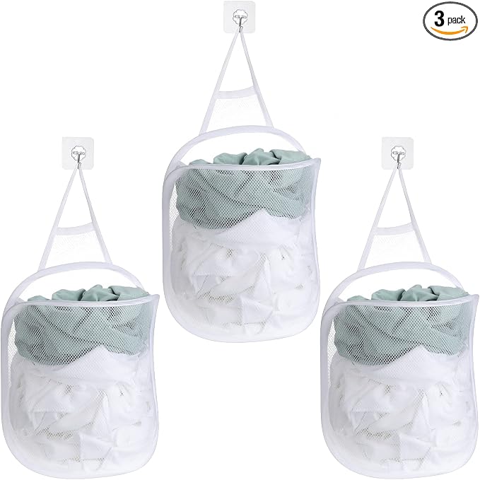 3 Pieces Hanging Laundry Hamper Laundry Bag to Hang Foldable Mesh Hamper Dirty by Patelai