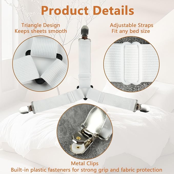 4PCS Bed Sheet Straps with Metal Clips, Adjustable Elastic Fitted Sheet Holders - Image 3