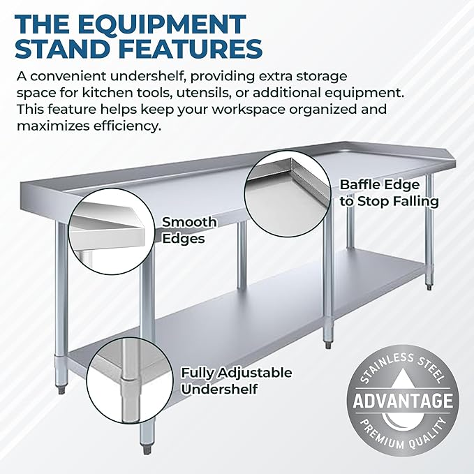 Stainless Steel Equipment Stand with Undershelf + Casters, Heavy Duty, Commercial Grade, NSF Certified (24" Width x 96" Length)