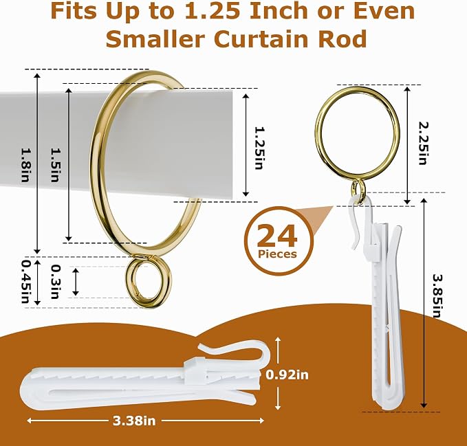 1.5 Inch Curtain Rings with Hooks, 24 Pack Gold Metal Drapery Rings with Pins - Image 2