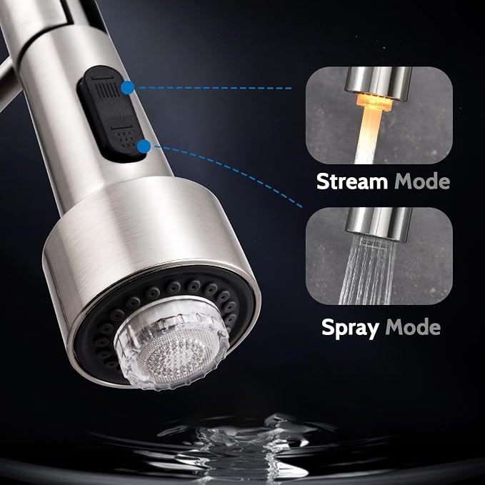 WEWE LED Kitchen Faucet, 2-Mode Sprayer, Brushed Nickel, Pull-Down | 17-Inch - Image 3