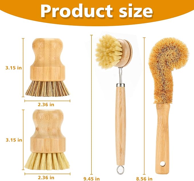 SAMEBUTECO Bamboo Dish Brushes Sets 4 Tools in One Kitchen Clean Dish Scrubber - Image 2