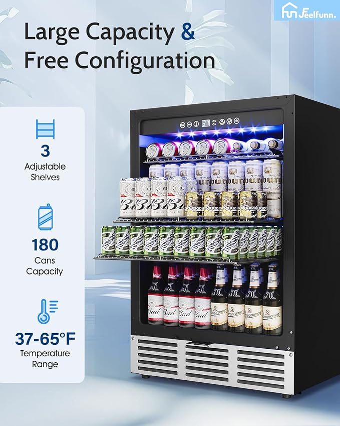 24 inch Beverage Refrigerator - 180 Cans Under Counter Beverage Fridge with Glass Door & Safety Lock for Beer Wine Soda, Built-in or Freestanding Drink Fridge for Home Office Kitchen or Bar