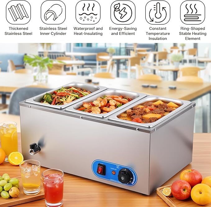 Commercial Food Warmer 1500W Stainless Steel Steam Table Food Warmer | 3 Lidded 1/3 Pans, Adjustable Temp, Built-in Faucet | for Restaurants, Catering & Buffets