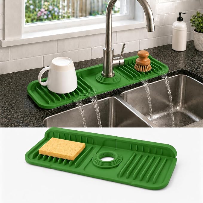 14.5" Silicone Faucet Handle Drip Catcher Tray, 7° Sloped Self Draining Mat by Unknown