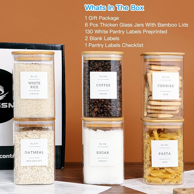CZZGSM 6 Pack Square Kitchen Storage Jars - 35oz Glass Canisters With Wood Lids - Image 2