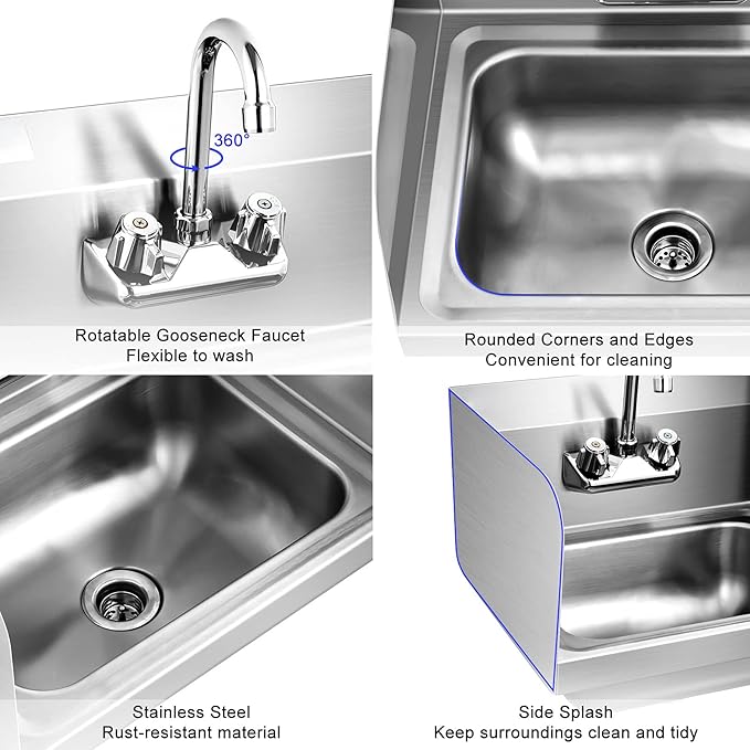 Giantex Stainless Steel Hand Sink with Faucet, Side Splash, Two Temperature Water Inlet, 17" x 15" Commercial Sink for Restaurant, Kitchen, Wall Mount