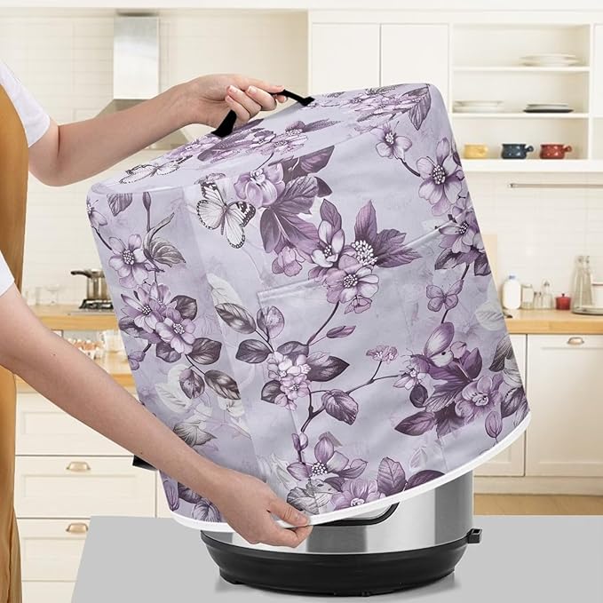 Purple Flower Butterfly Rice Cooker Cover for 6Qt Instant Pot Round Protective Dust-Proof Stain Resistant Electric Appliance Cover Easy to Clean Kitchen Tool
