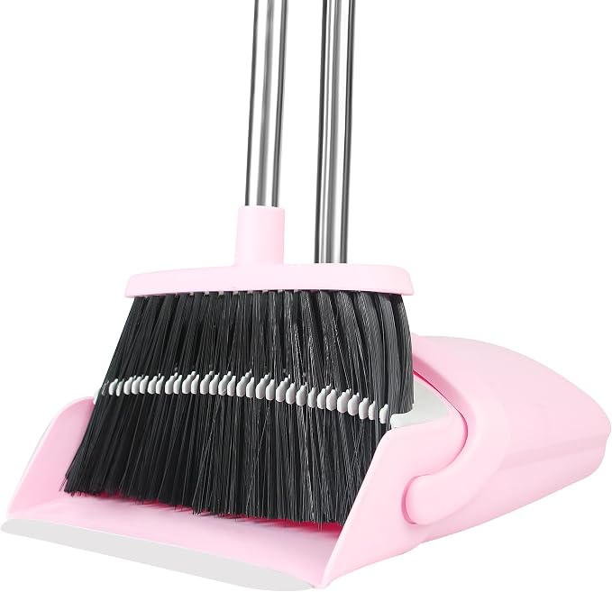 Pink Broom and Dustpan Set for Home, 52-in Long Handle Broom by BSKLIN