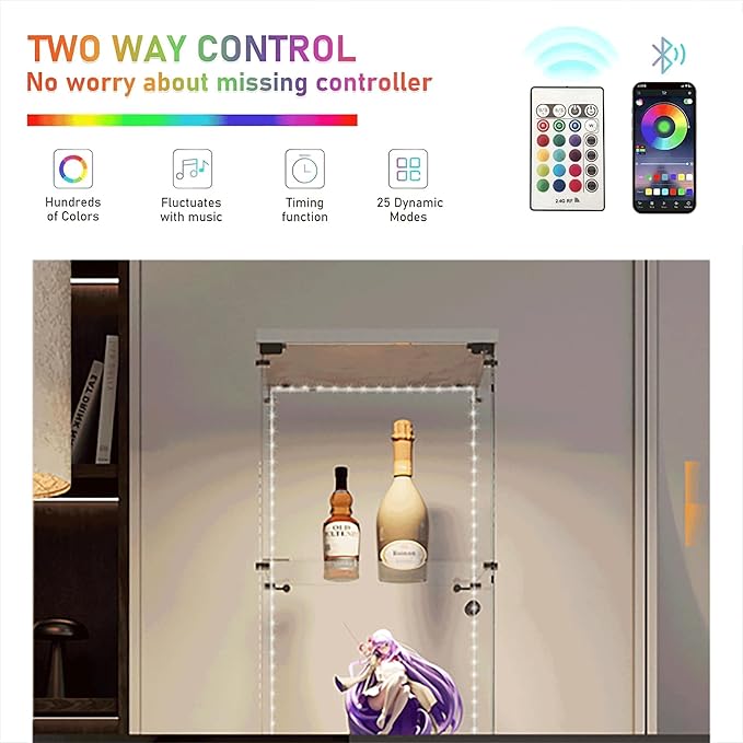 Yoluckea 4 Tiers Glass Display Cabinet with Bluetooth LED Light Strip, 1 Door Floor Standing Curio Cabinet with Universal Wheel for Home Office Display, White Glass Bookshelf for Collections,Clear Top