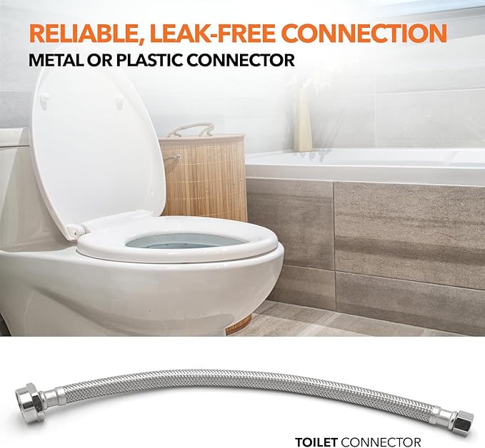 Stainless Steel Braided Water Connectors with Reinforced PVC Inner Hose for Toilets, 3/8" Compression x 7/8" Metal Ballcock, 16" Length (5Pack)