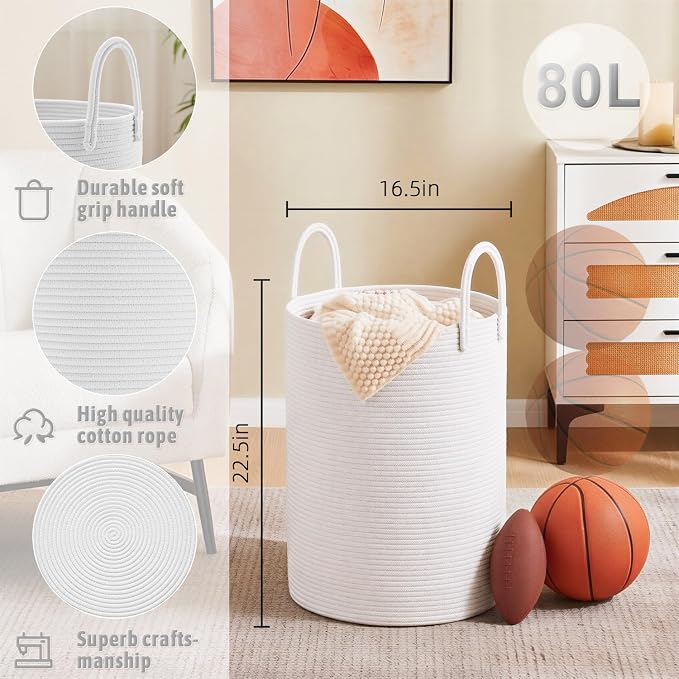 Artfeel Laundry Basket, Woven Cotton Rope Laundry Hamper, 80L - Image 6