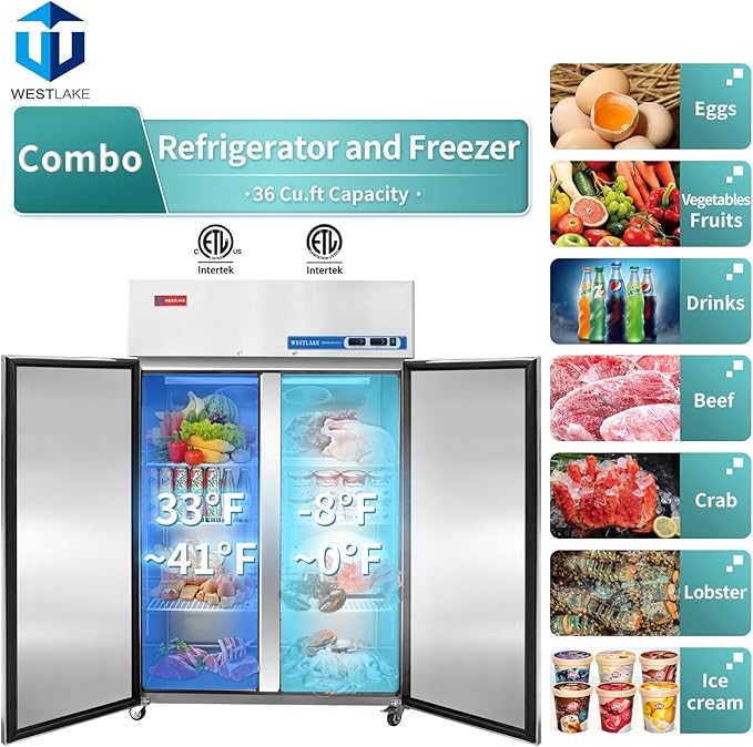 WESTLAKE Commercial Refrigerator and Freezer Combo 48"W 2 door 2 Section Stainless Steel Reach in Solid door Fan Cooling 36 Cu.ft Refrigerator and Freezer Combo for Restuarant, Bar, Shop, etc