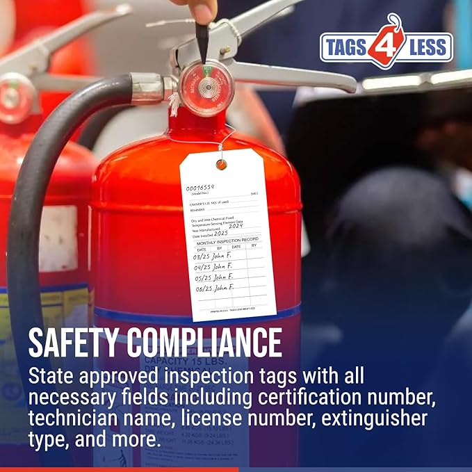 Tags 4 Less Custom Fire Extinguisher Tags – Preventative Maintenance Labels for Monthly Inspections, Alternative to Safety Sticker for Easy Record-Keeping – Pack of 100 (White, Vinyl Plastic)
