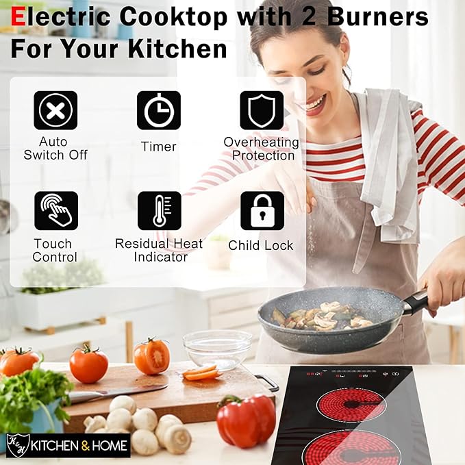 K&H 2 Two Burner Dual 12 Inch Built-in Electric Stove Top Radiant Ceramic Cooktop Sensor Touch Control 240V 3000W CERV-3002