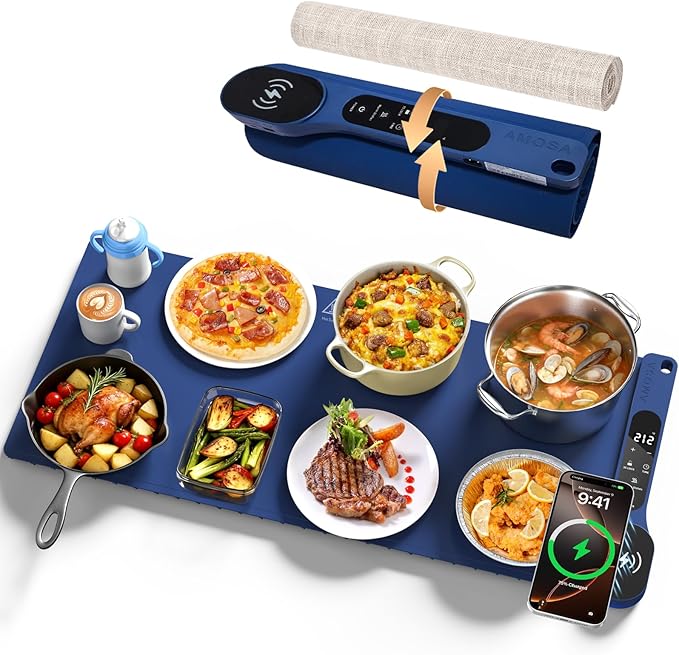 New Food Warming Mat with Wireless Charger, 34”x15” Extra Large Roll Up Food Warmer, Fast Heating Mat for Food with 7 Level Temperature & 8 Hours Timer, Electric Warming Trays for Buffets Party (Blue)