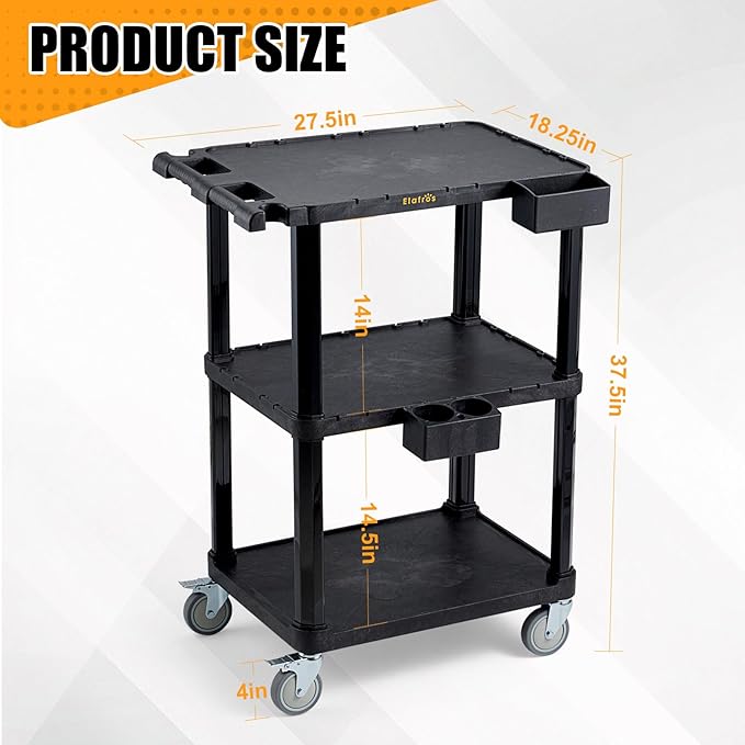 ELAFROS Heavy Duty Utility Cart, 27.5 x 18.25 Inch, 3-Tier Rolling Cart, Industrial Plastic, 330 lbs Capacity, Flat Top Shelves with Swivel Wheels - Multipurpose Work Cart