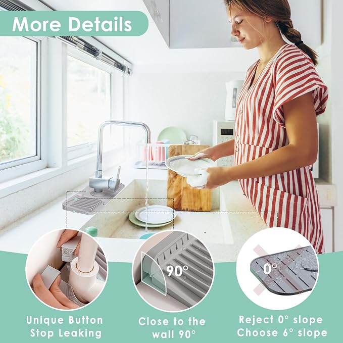 14.6-Inch Silicone Faucet Mat for Kitchen Sink Splash Guard, 7° Slope | - Image 5