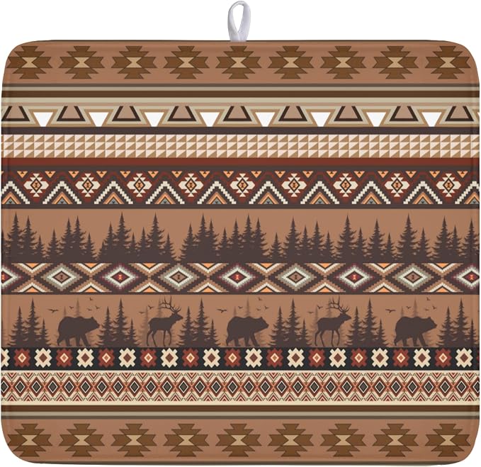 Giwawa Rustic Bear Deer Dish Drying Mat Boho Ethnic Drainer Rack Pad 16x18 Inch by Giwawa