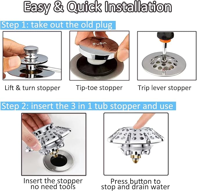 AzWzz Universal Tub Stopper Bathtub Drain Plug, Pop Up Tub Drain Hair Catcher - Image 3