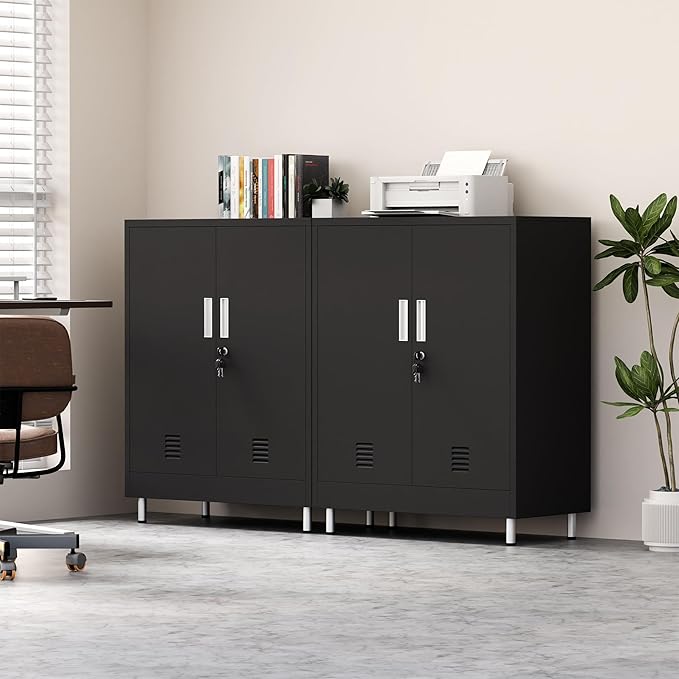 Metal Storage Cabinet with Locking Doors and 2 Adjustable Shelves, Lockable Storage Cabinet for Home Office Garage Pantry Living Room (Black)