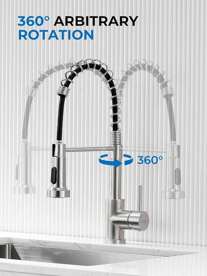 WEWE Pull-Out Kitchen Faucet, 2-Mode Sprayer, Brushed Nickel, High Arc | - Image 6