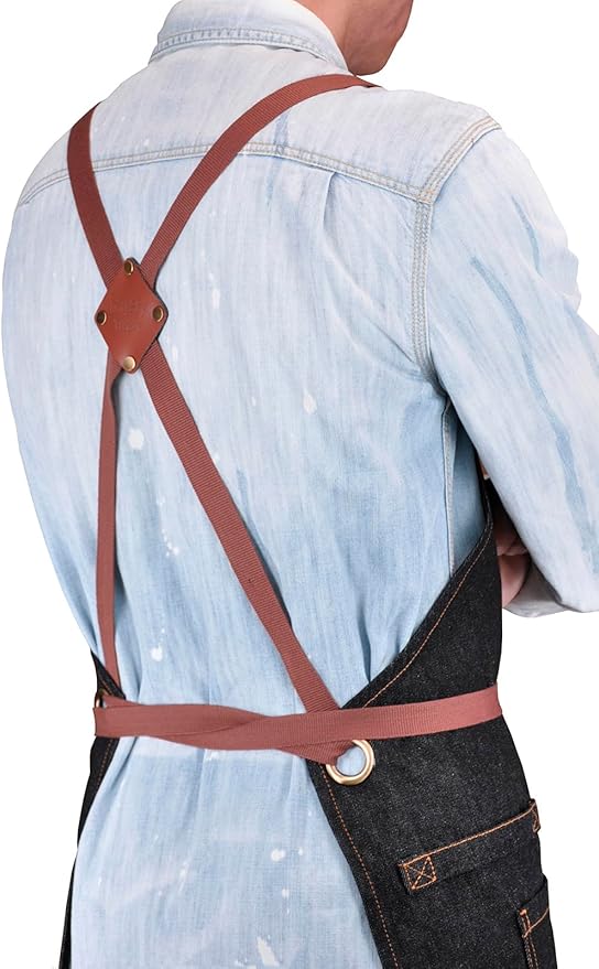 Professional Apron with Pockets, Mens Womens Chef Kitchen Bib Black Denim Apron for Cooking Grill BBQ Server, with Cross Back Straps and Towel Loop