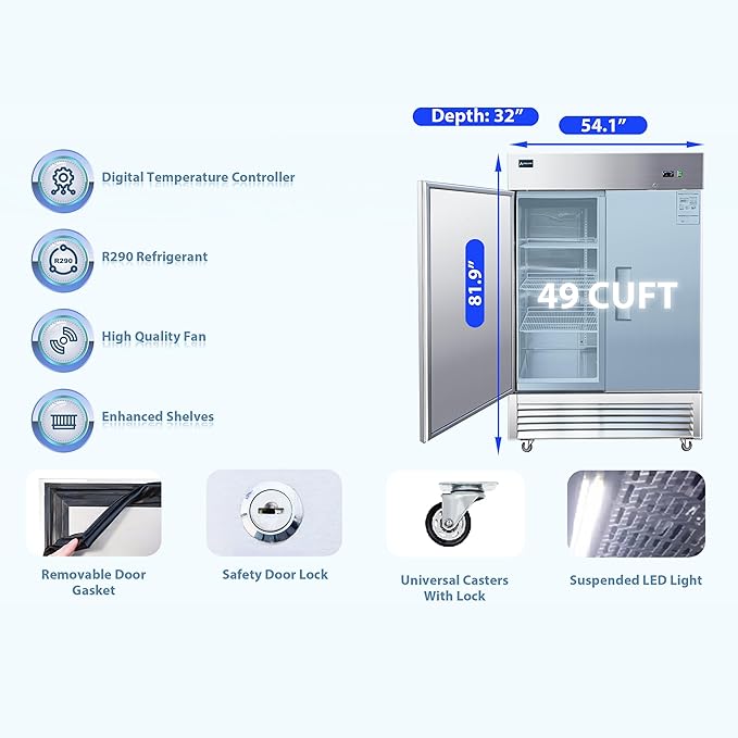 Aceland Commercial Refrigerator Stainless Steel Reach-in Solid Door Upright Fan Cooling Refrigerator for Restaurant, Bar, Shop, Residential 49 Cu.ft (Commercial Kitchen Equipment), Silver (AKR49)