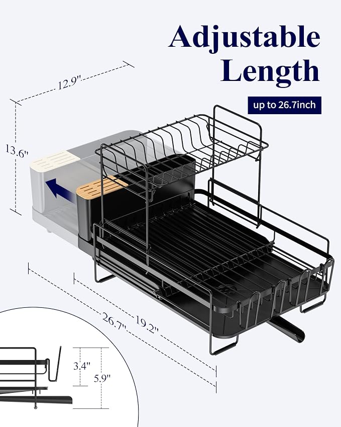 Kitsure Extendable Dish Drying Rack, 19.2"-26.7" L x 12.9" W, 2-Tier | Large - Image 2