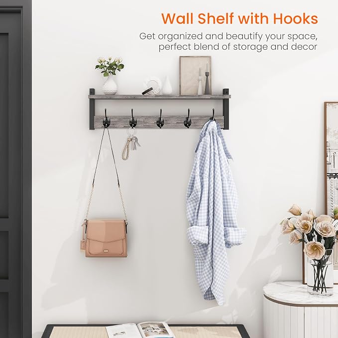 Wall Hooks With Shelf, 24 Inch Coat Rack Wall Mount - Image 2