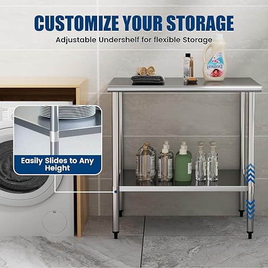 Stainless Steel Work Table 30 x 36 Inch with Adjustable Undershelf, Heavy-Duty Metal Prep Table for Commercial Kitchen & Restaurant, Garage, Outdoor