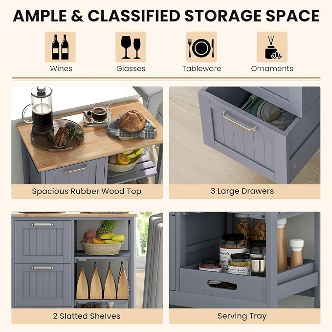 Giantex Kitchen Island Cart on Wheels, Rolling Utility Cart w/Rubber Wood Top, 3 Storage Drawers & 2 Removable Shelves & Removable Tray, Lockable Casters, Serving Cart for Dining Room, Bar, Grey